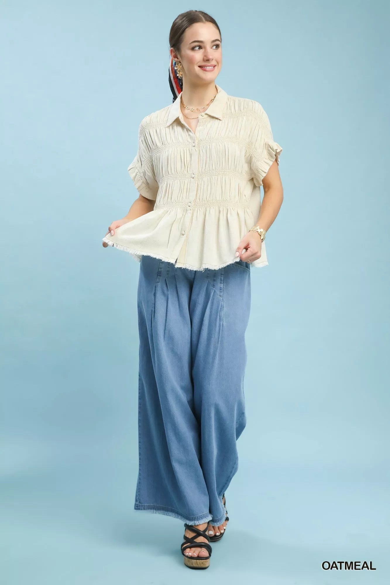 Umgee Washed Linen Blend Smocked Shirt - Bitsy Gypsy Boutique
