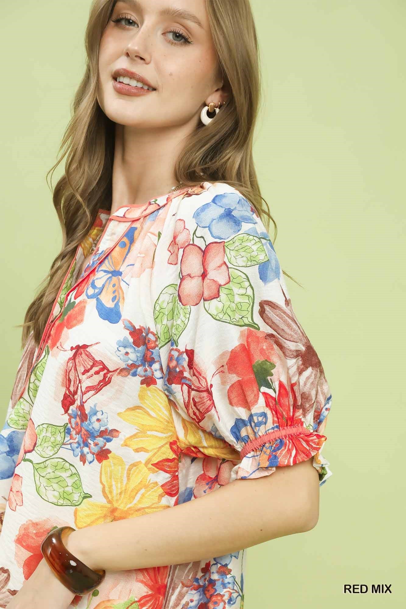 Umgee Watercolor Floral Print Top with High - Low Hem - Bitsy Gypsy Boutique