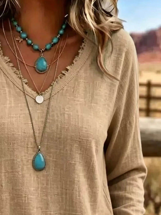V-Neck Long Sleeve Blouse with Frayed Hem Detail - Bitsy Gypsy Boutique