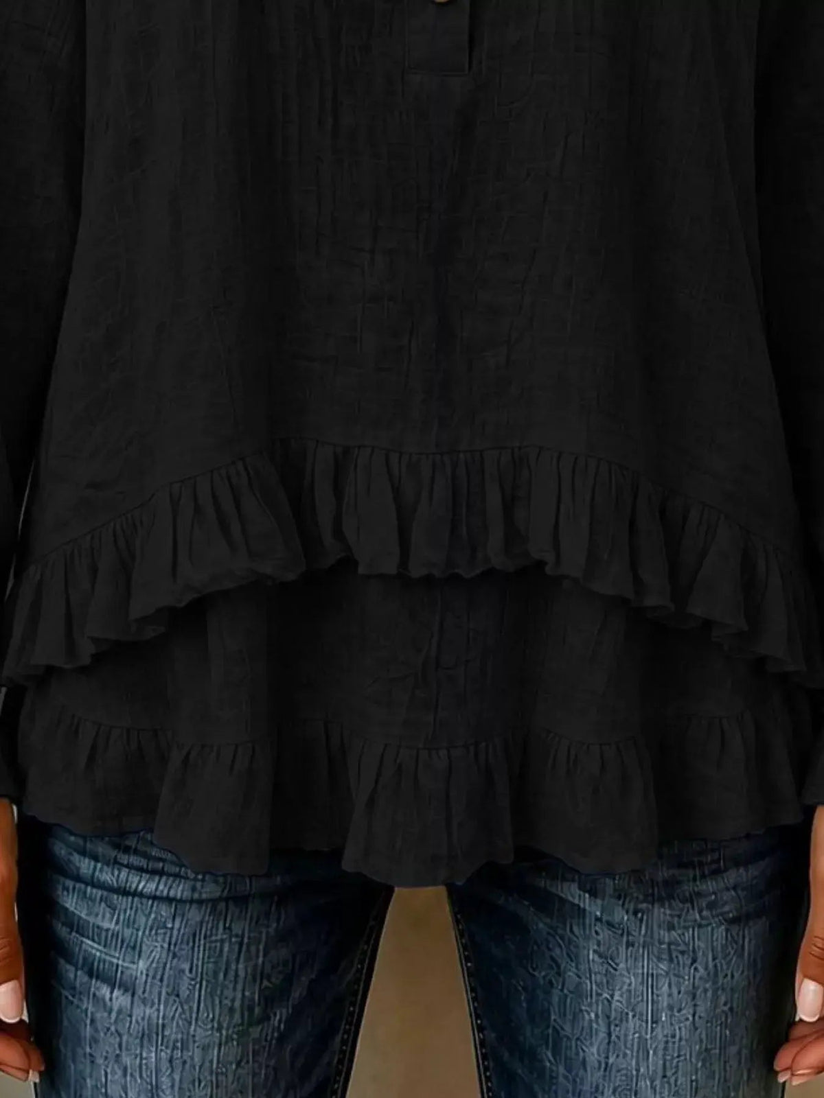 V-Neck Long Sleeve Button Detail Ruffled Hem Blouse - Bitsy Gypsy Boutique