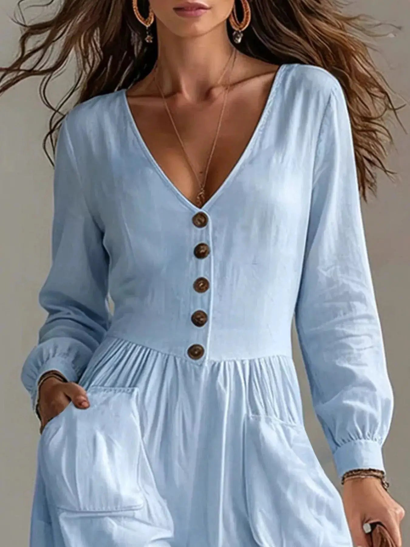 V-Neck Long Sleeve Button Front Wide-Leg Jumpsuit - Bitsy Gypsy Boutique