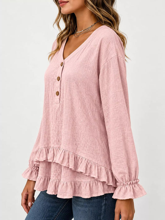 V-Neck Long Sleeve Ruffled Hem Blouse - Bitsy Gypsy Boutique
