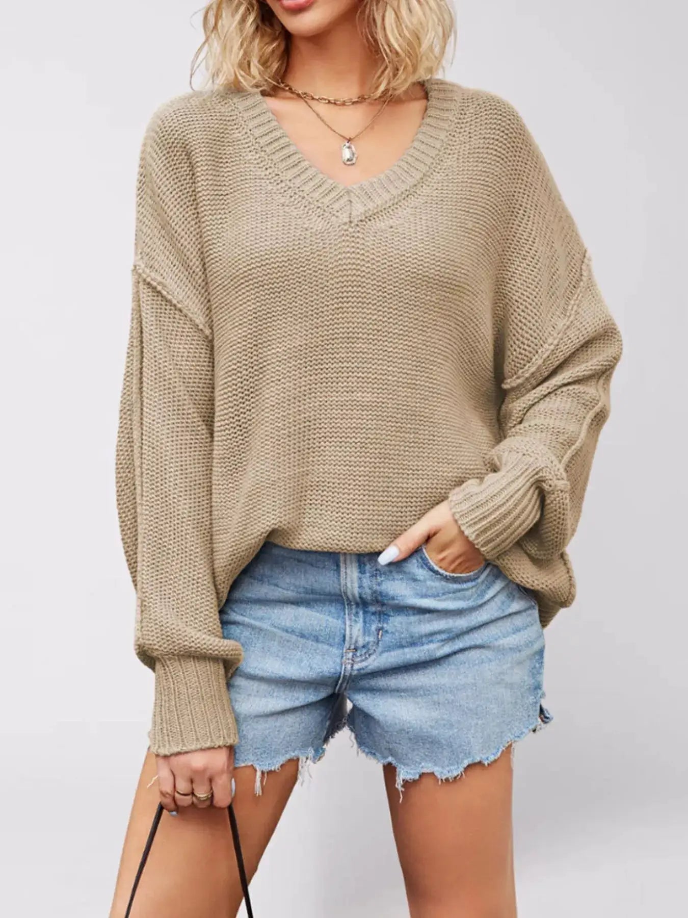 V-Neck Loose Knit Drop Shoulder Sweater by Trendsi