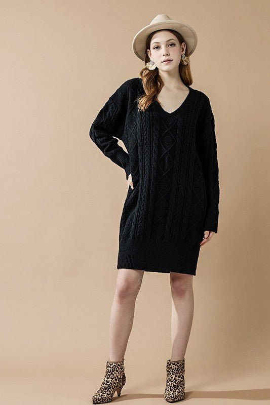 V - Neck Ribbed Hem Cable Knit Sweater Dress - Bitsy Gypsy Boutique