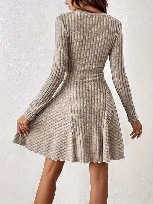 V-Neck Ribbed Knit Flared Knit Dress by Trendsi