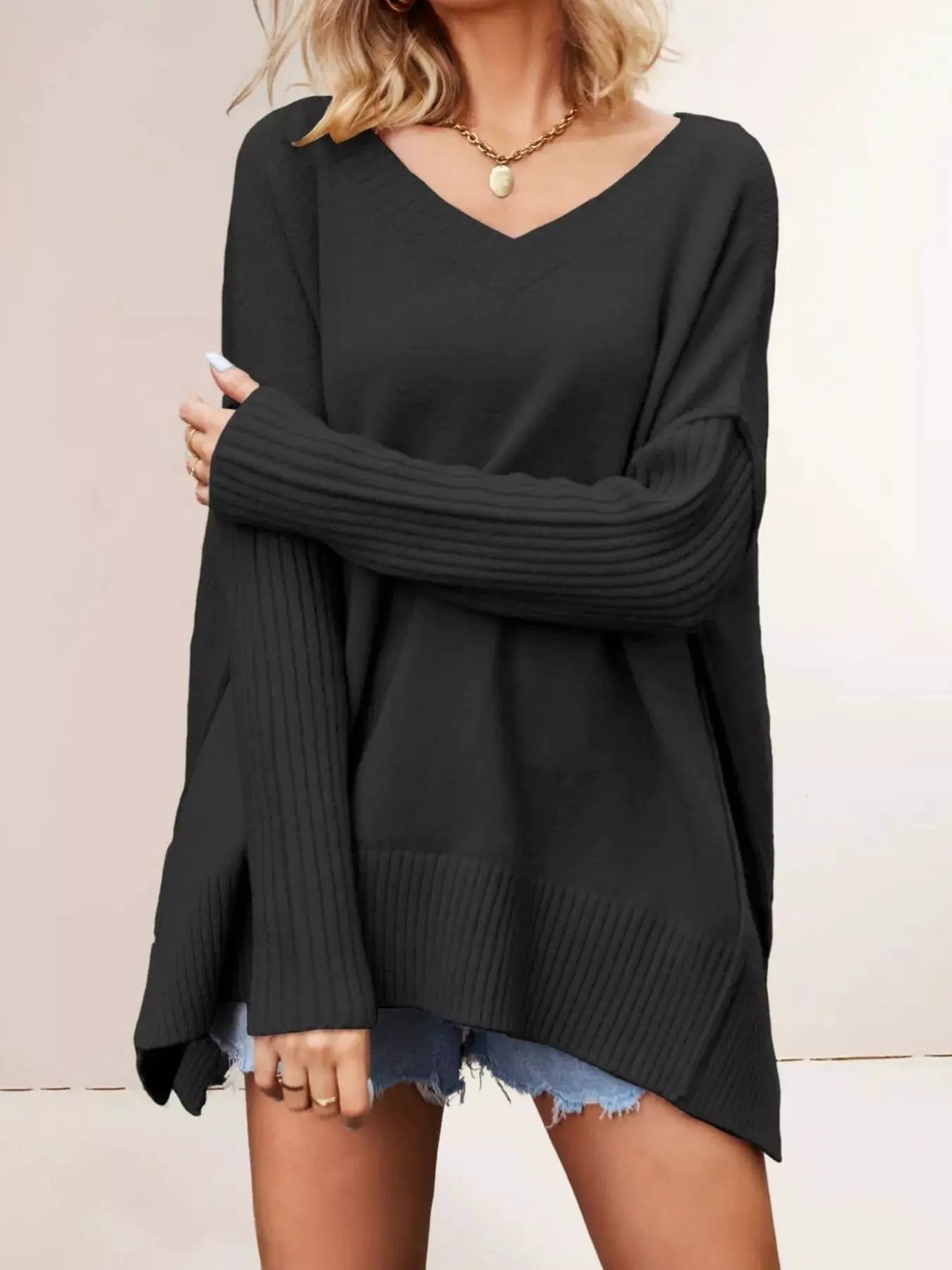 V-Neck Ribbed Sleeve Sweater by Trendsi