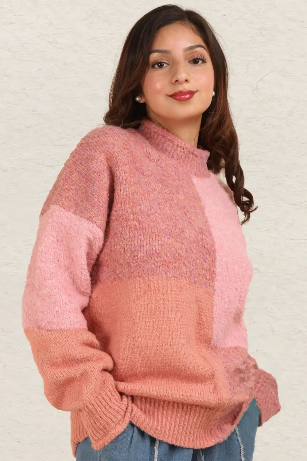 VERY J Color Block Mock Neck Drop Shoulder Sweater by Trendsi