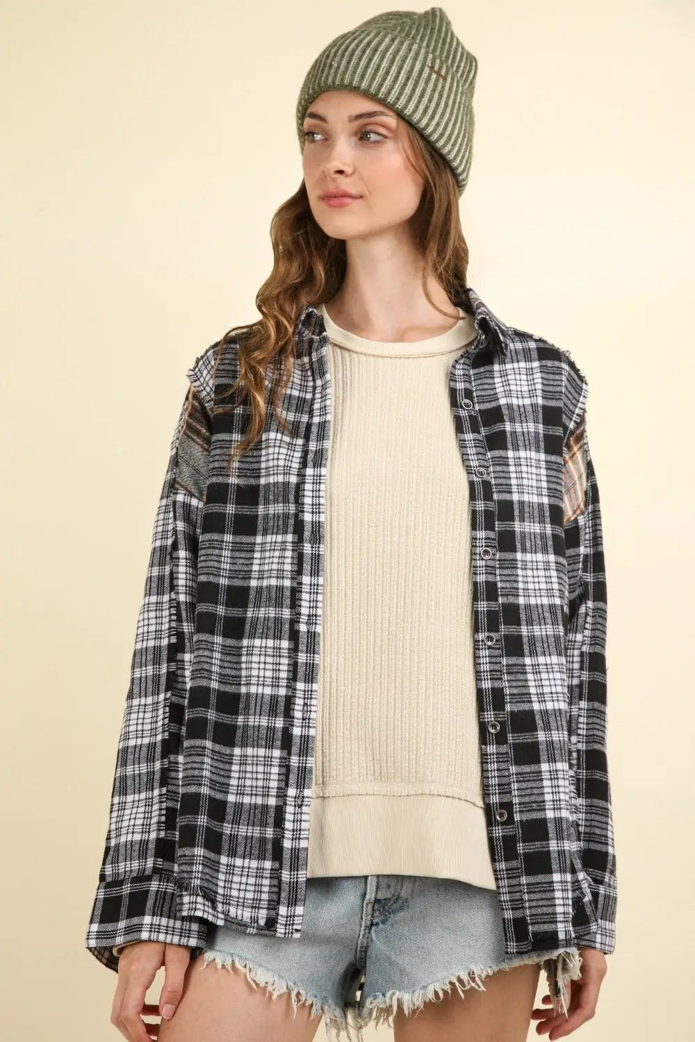 VERY J Contrast Plaid Raw Detail Shirt by Trendsi