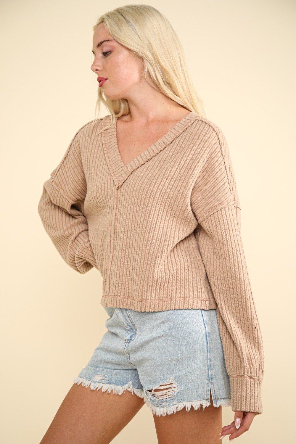 VERY J Exposed Seam V - Neck Ribbed Knit Top - Bitsy Gypsy Boutique