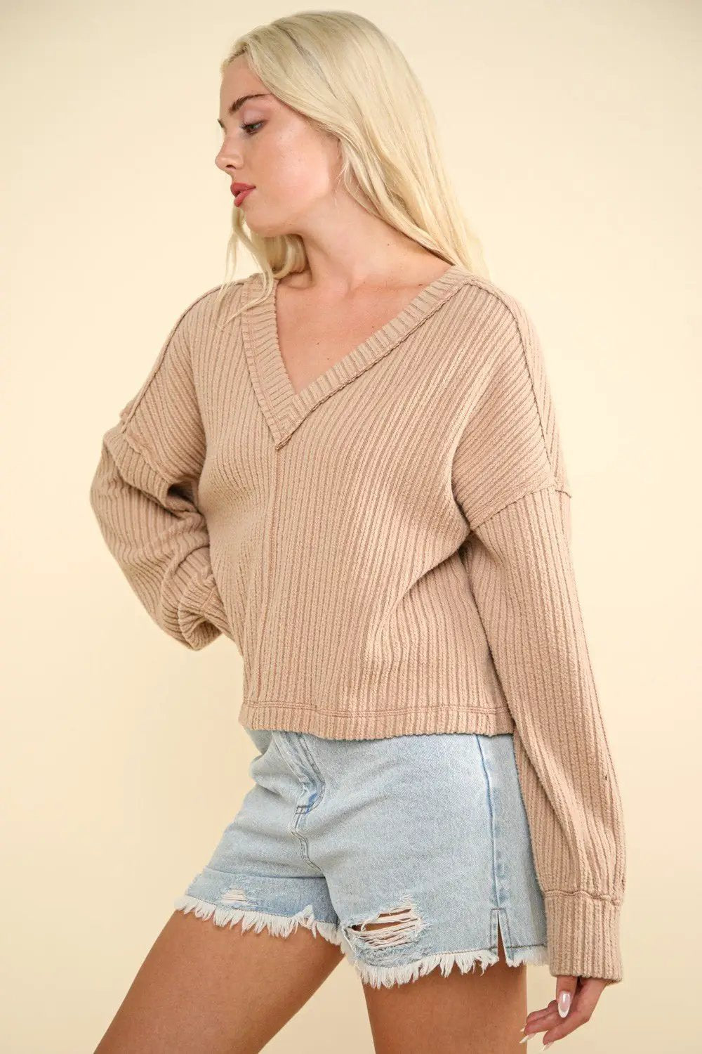 VERY J Exposed Seam V-Neck Ribbed Knit Top by Trendsi