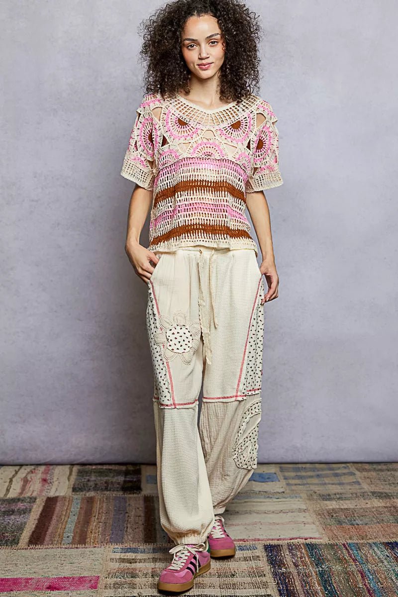 Weave Pattern Short Sleeve Crochet Top with Border Accents - Bitsy Gypsy Boutique