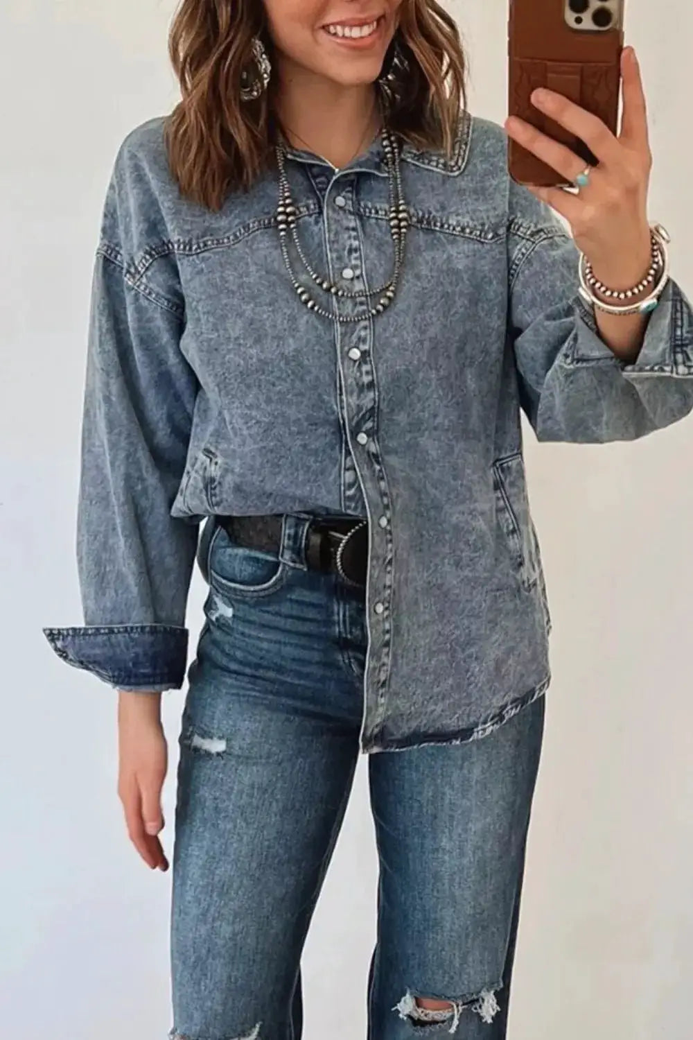Western Long Sleeve Shirt Collar Tunic Denim Jacket by Trendsi