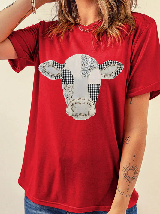 Western Patchwork Cow Print Round Neck Casual T Shirt - Bitsy Gypsy Boutique