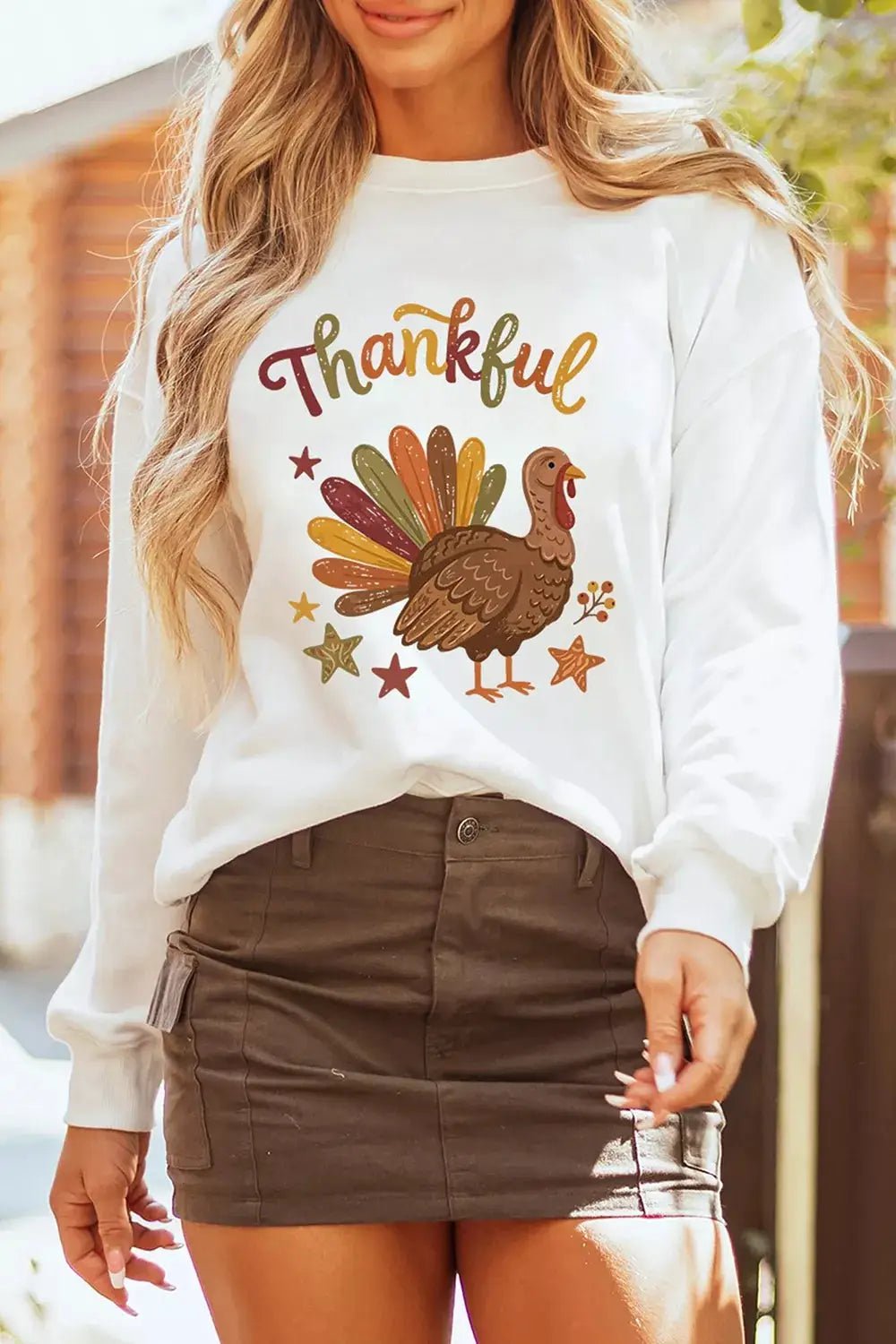 White Thankful Turkey Graphic Crewneck Sweatshirt - Bitsy Gypsy Boutique