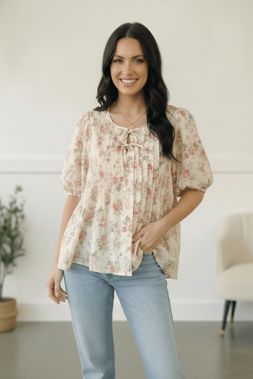 With a Rosy Glow Cream Pleated Top - Bitsy Gypsy Boutique