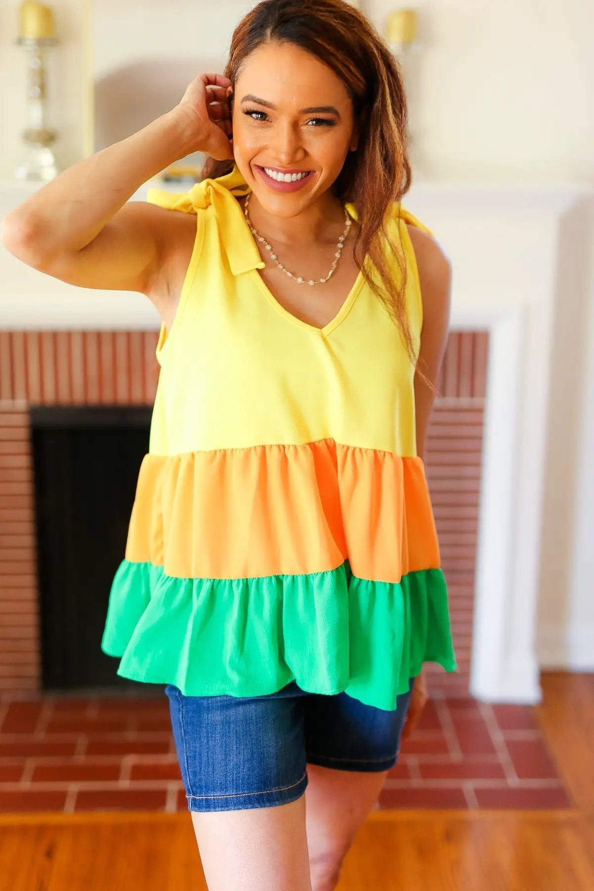 Yellow & Tangerine Tiered Shoulder Tie Crepe Top by Haptics