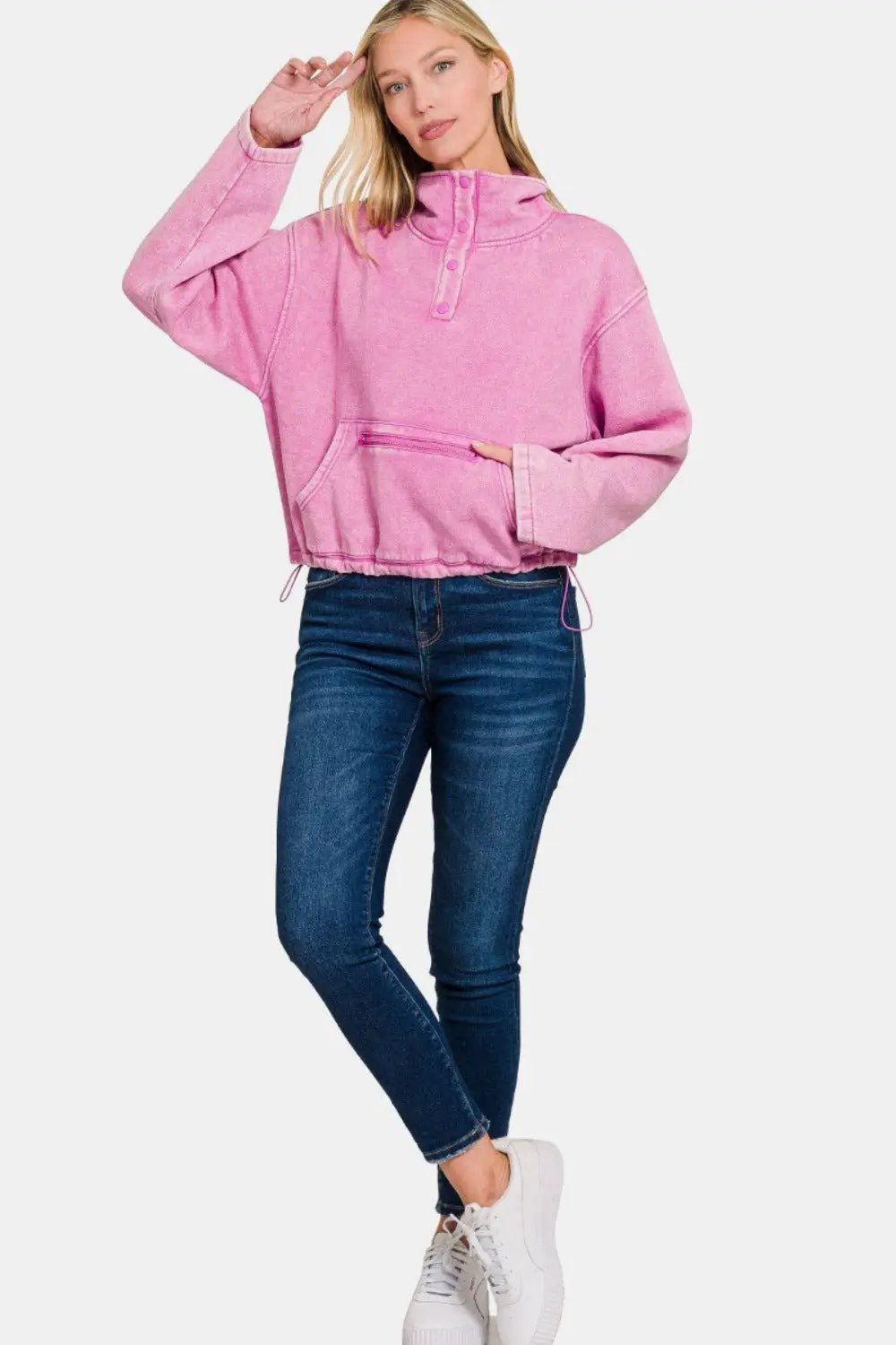 Zenana Acid Wash Fleece Half Snap Sweatshirt with Pocket by Trendsi