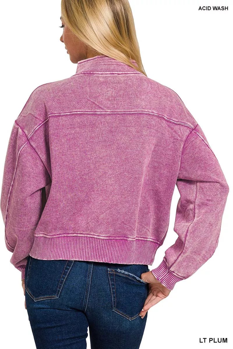 Zenana Acid Wash Fleece Half Zip Sweatshirt - Bitsy Gypsy Boutique