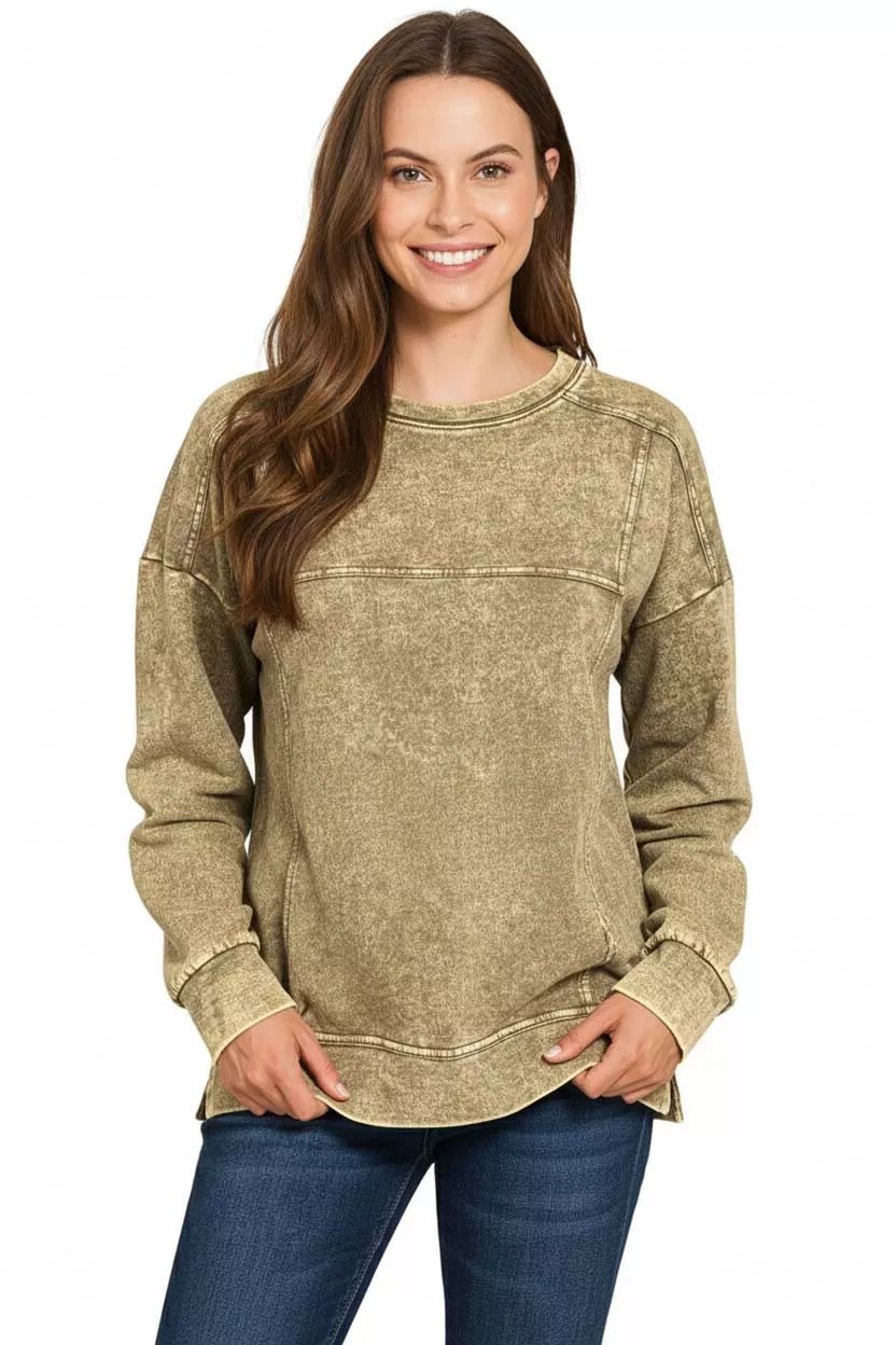 Zenana Acid Wash French Terry Exposed - Seam Pullover - Bitsy Gypsy Boutique