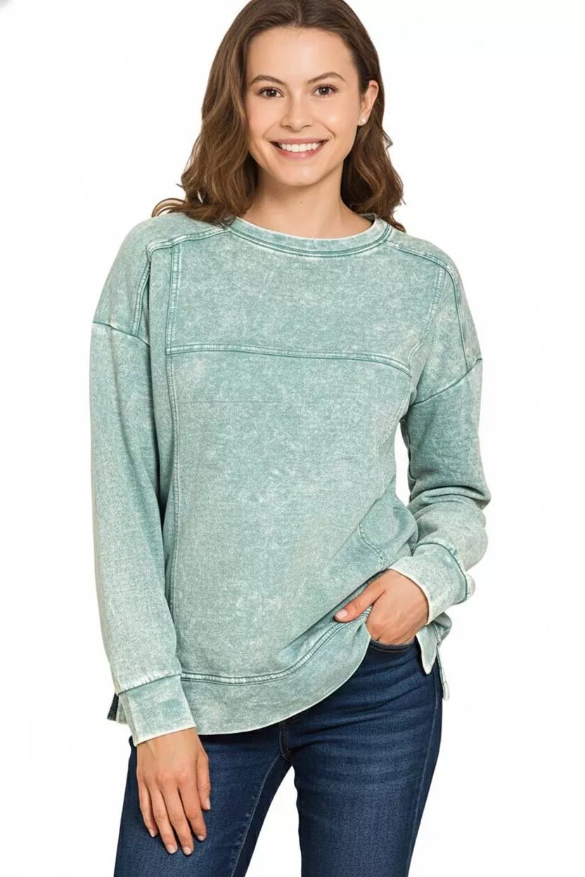 Zenana Acid Wash French Terry Exposed - Seam Pullover - Bitsy Gypsy Boutique