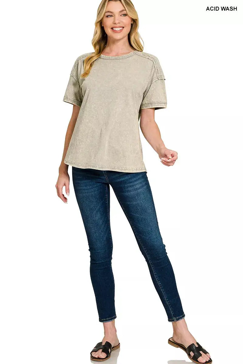Zenana Acid Washed Round Neck T-shirts by Trendsi