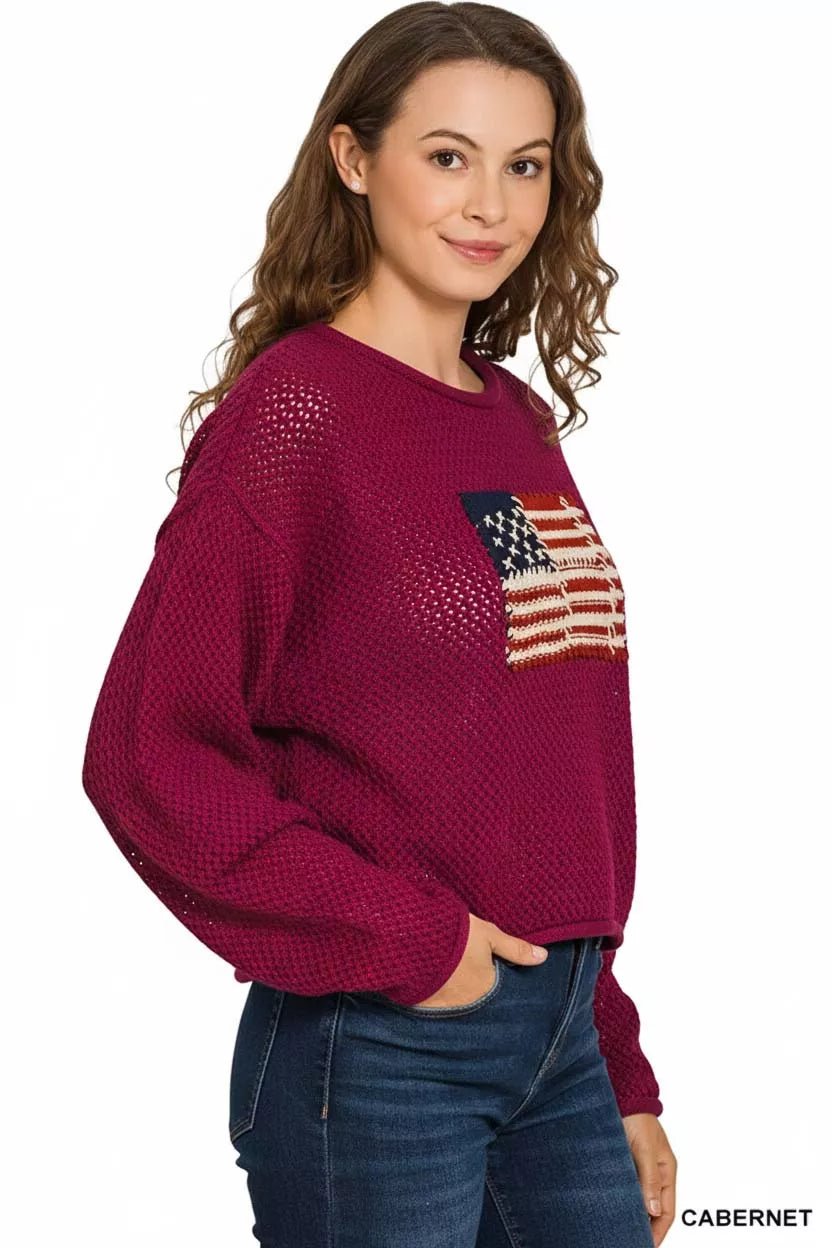 Zenana American Flag Crew Neck Sweater - Bitsy Gypsy Boutique