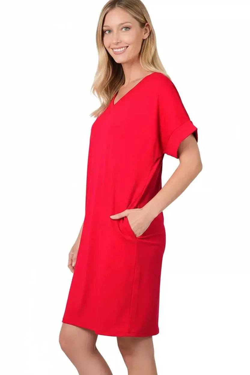 Zenana Brushed Dty Rolled Short Sleeve V-Neck Dress by Trendsi