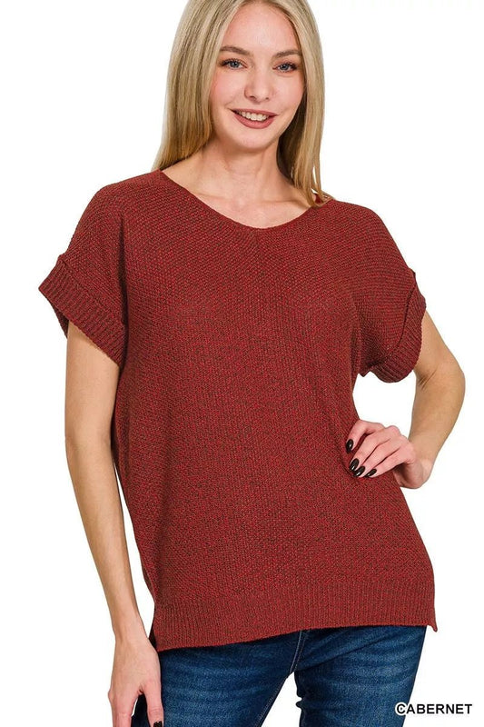 Zenana Center Seam Short Sleeve Sweater - Bitsy Gypsy Boutique