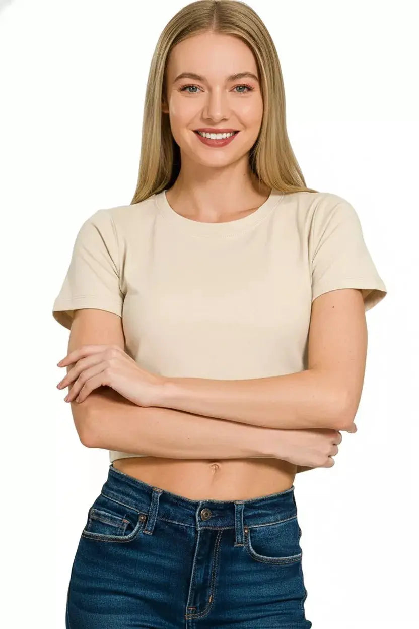 Zenana Cotton Short Sleeve Round Neck Cropped Top by Trendsi