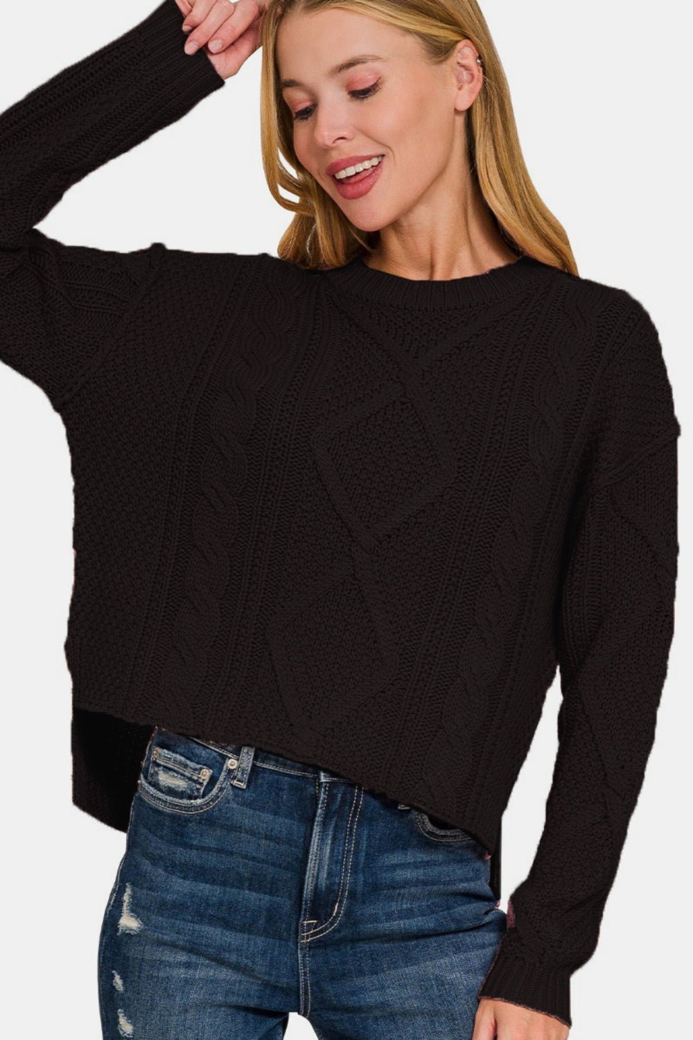 Zenana Cropped High Low Cable Sweater with Side Slits - Bitsy Gypsy Boutique
