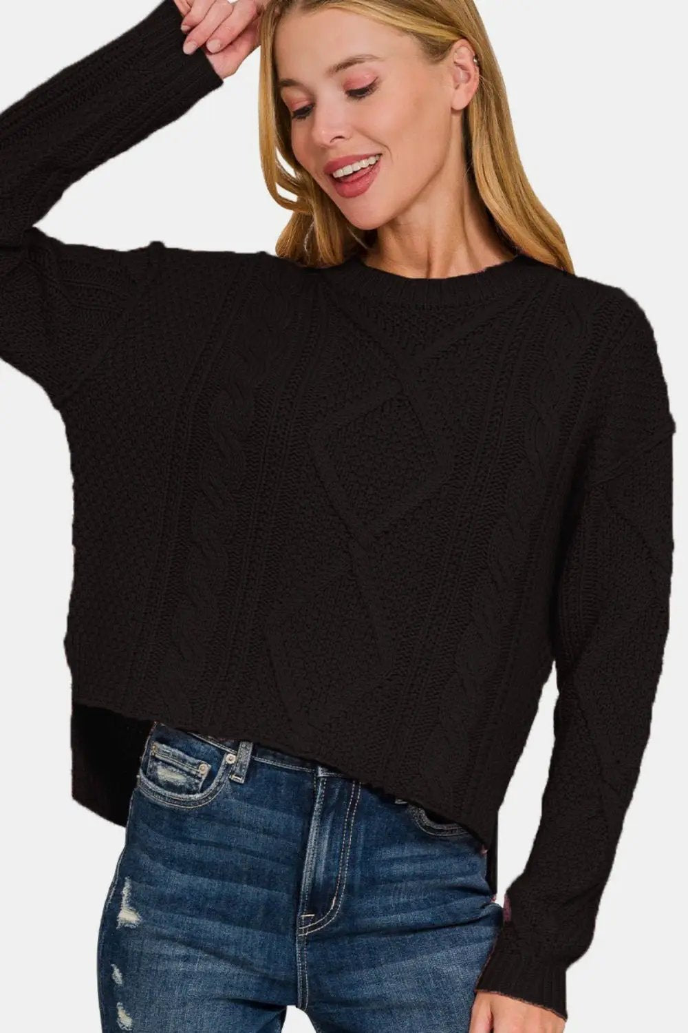 Zenana Cropped High Low Cable Sweater with Side Slits by Trendsi