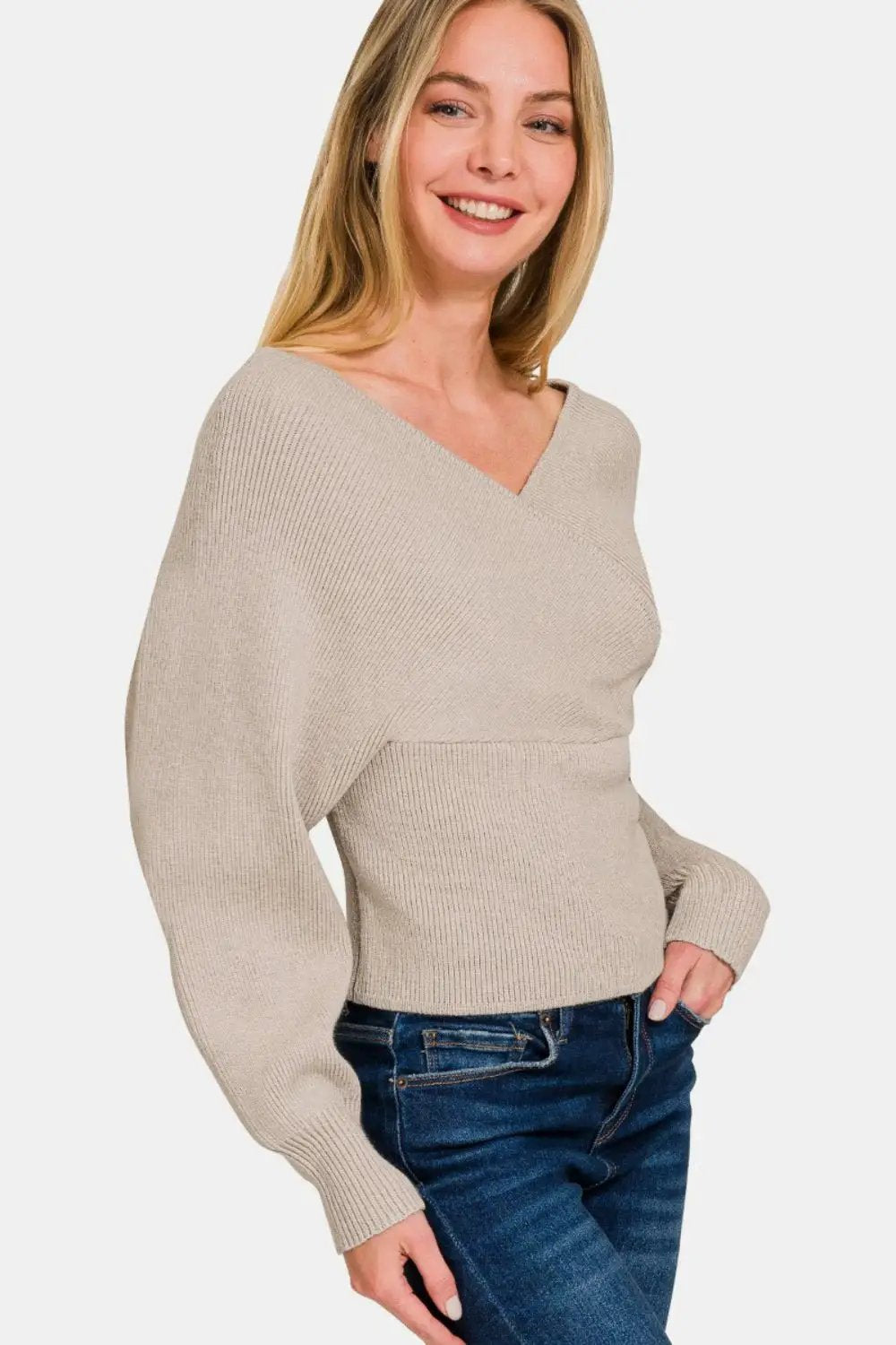 Zenana Cross Wrap Rib Long Sleeve Sweater by Trendsi