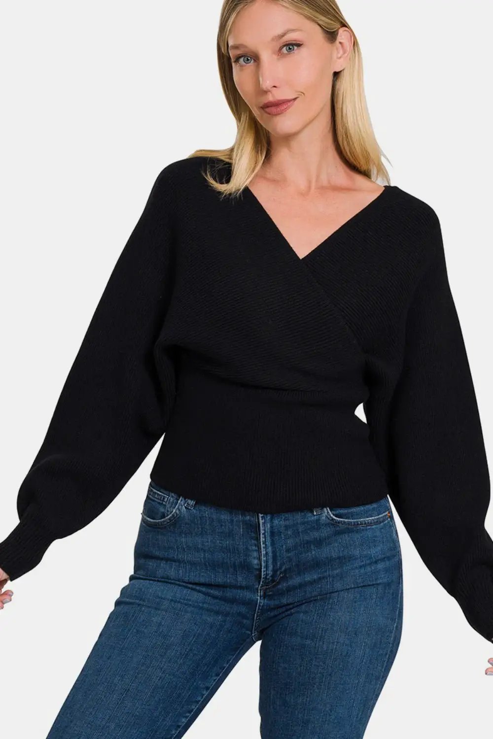 Zenana Cross Wrap Rib Long Sleeve Sweater by Trendsi