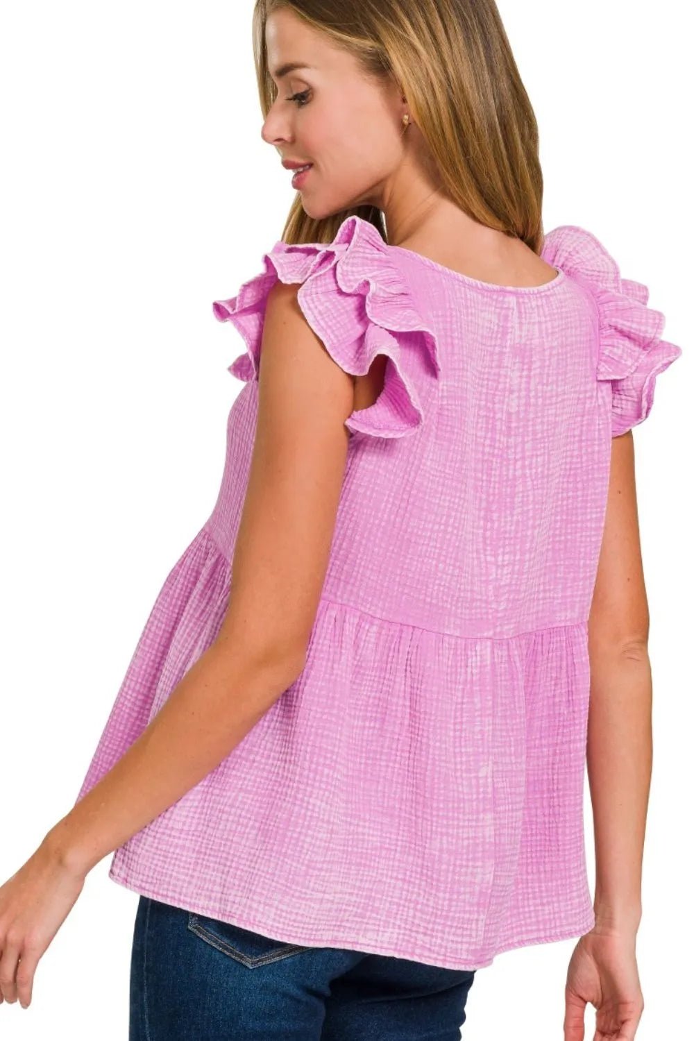 Zenana Double Gauze Acid Washed Tiered Ruffle Peplum Top - Bitsy Gypsy Boutique