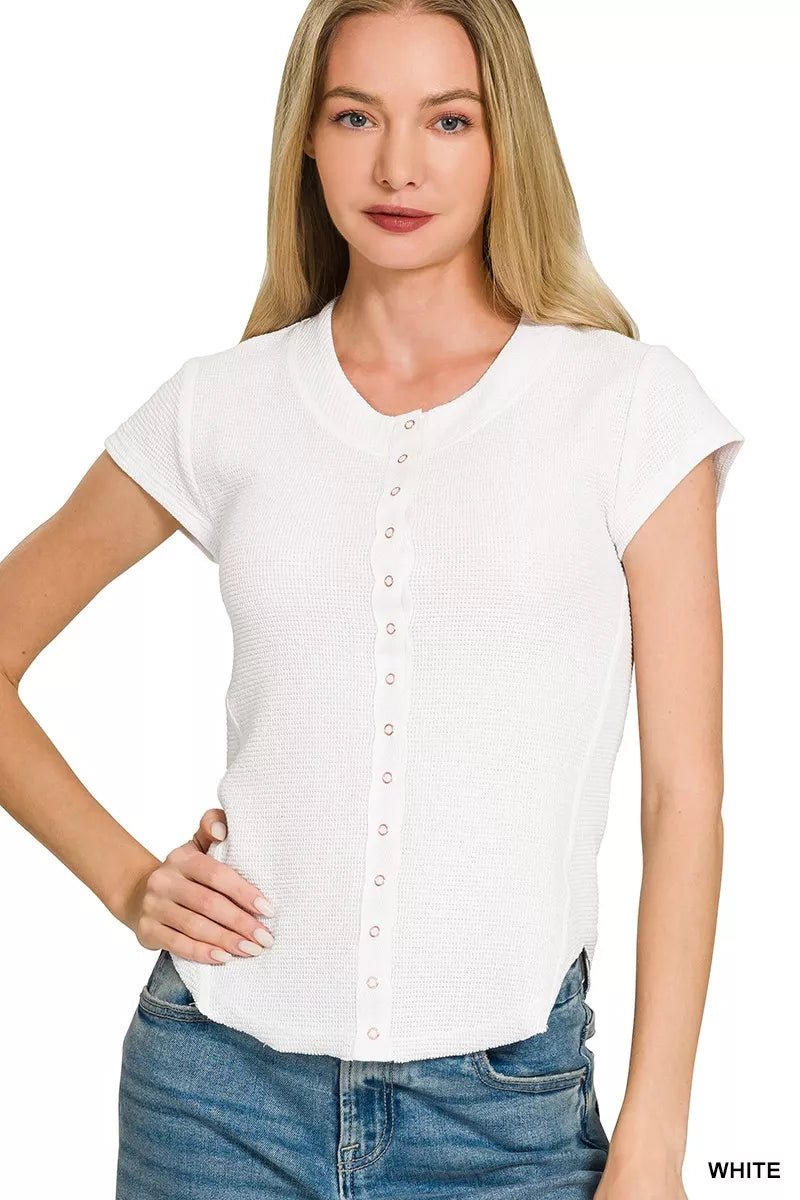 Zenana Double Knit Snap Button Short Sleeve Shirt - Bitsy Gypsy Boutique