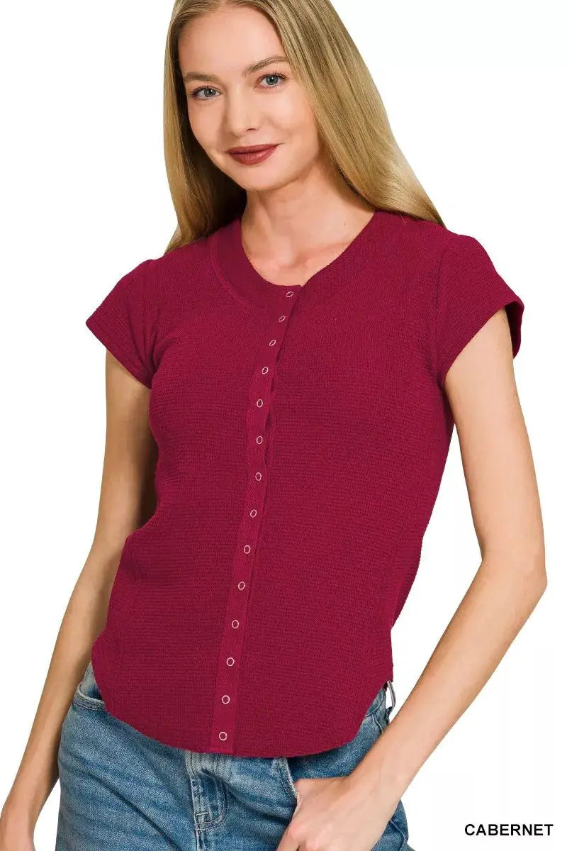 Zenana Double Knit Snap Button Short Sleeve Shirt by Trendsi