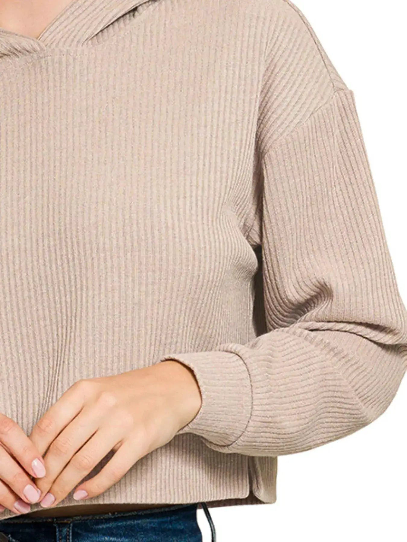 Zenana Drop Shoulder Ribbed Crop Hoodie by Trendsi