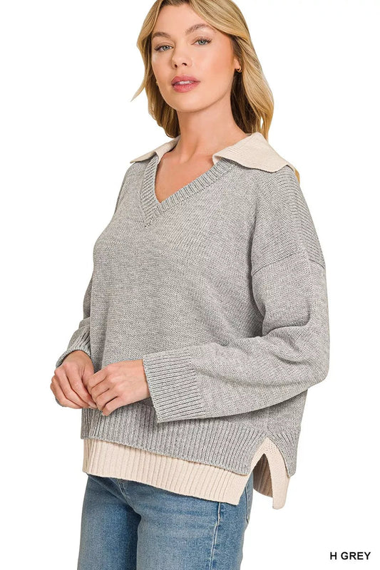 Zenana Dual-look Collared V-neck Sweater - Bitsy Gypsy Boutique