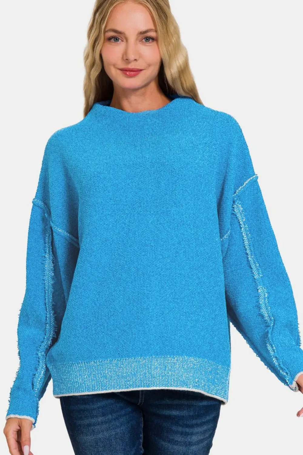 Zenana Exposed Seam Mock Neck Long Sleeve Sweater by Trendsi