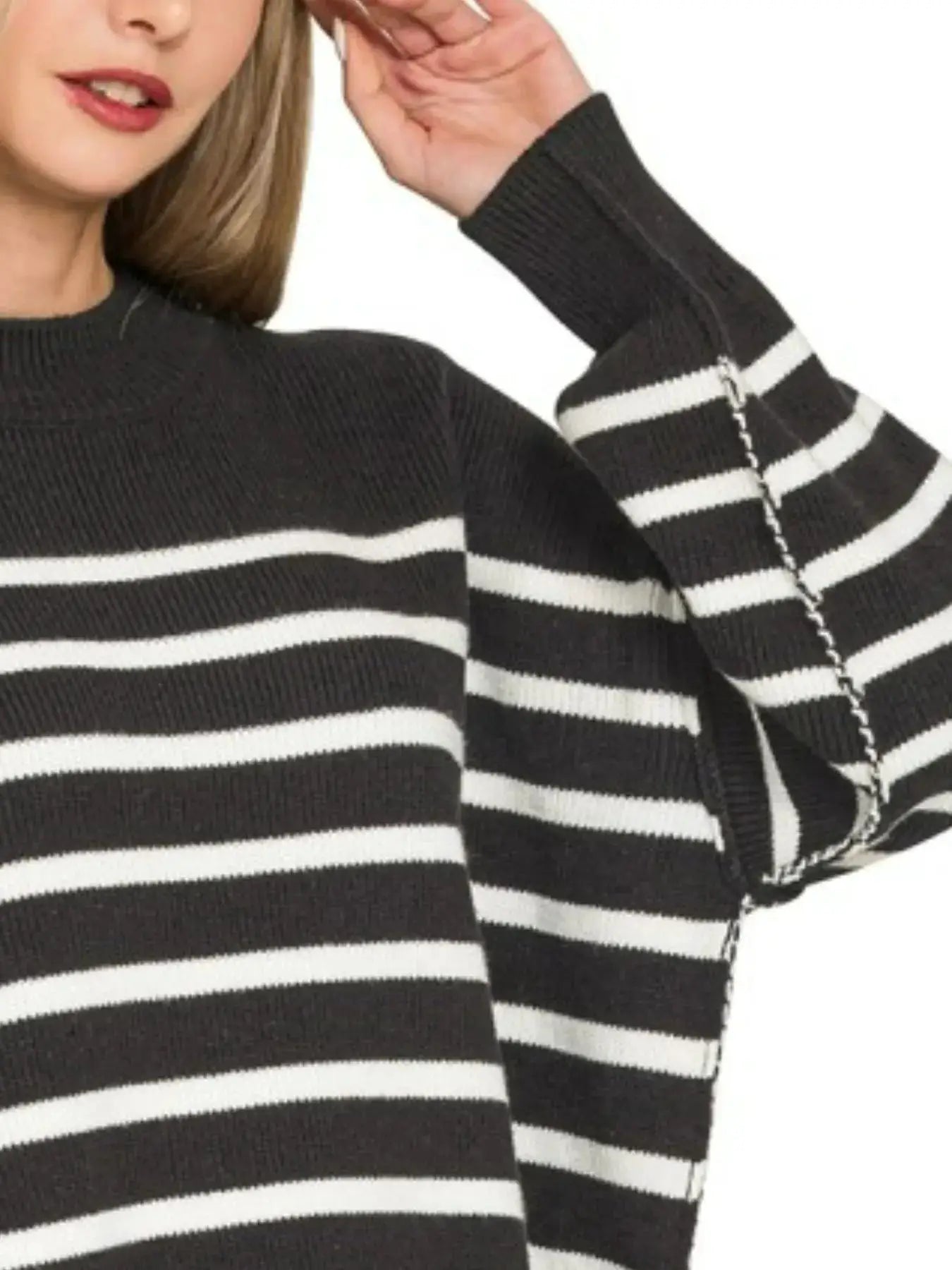 Zenana Exposed Seam Striped Oversized Sweater by Trendsi