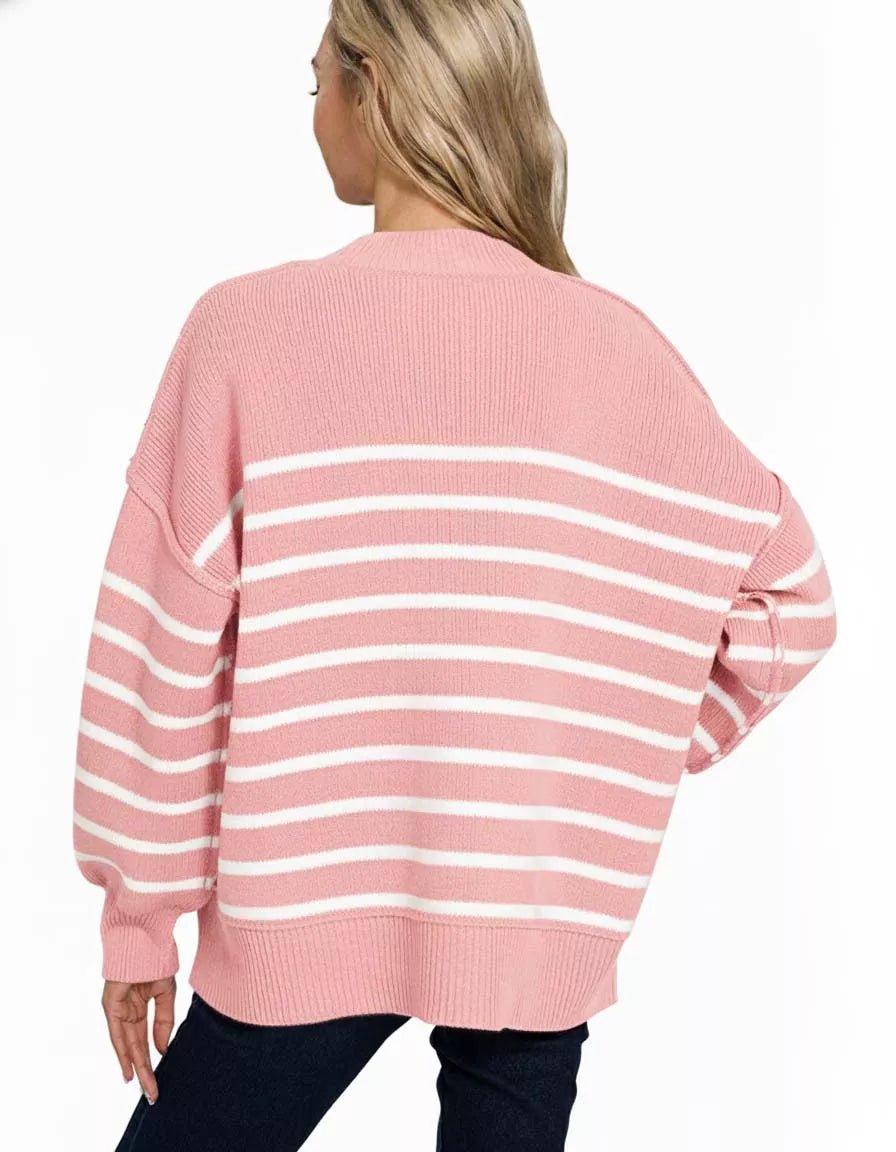 Zenana Exposed Seam Striped Oversized Sweater - Bitsy Gypsy Boutique