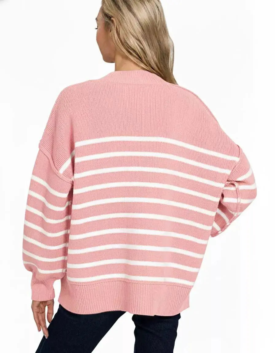 Zenana Exposed Seam Striped Oversized Sweater by Trendsi