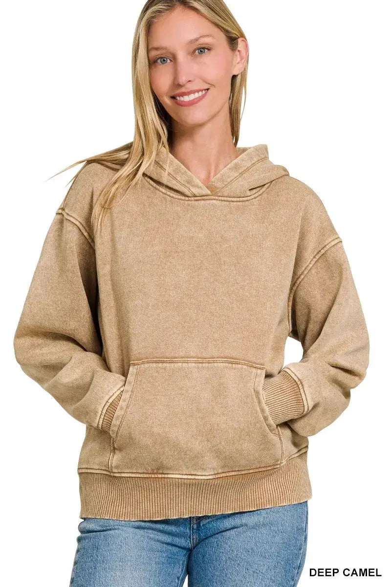 Zenana Fleece Acid Wash Kangaroo Pocket Hoodie by Trendsi