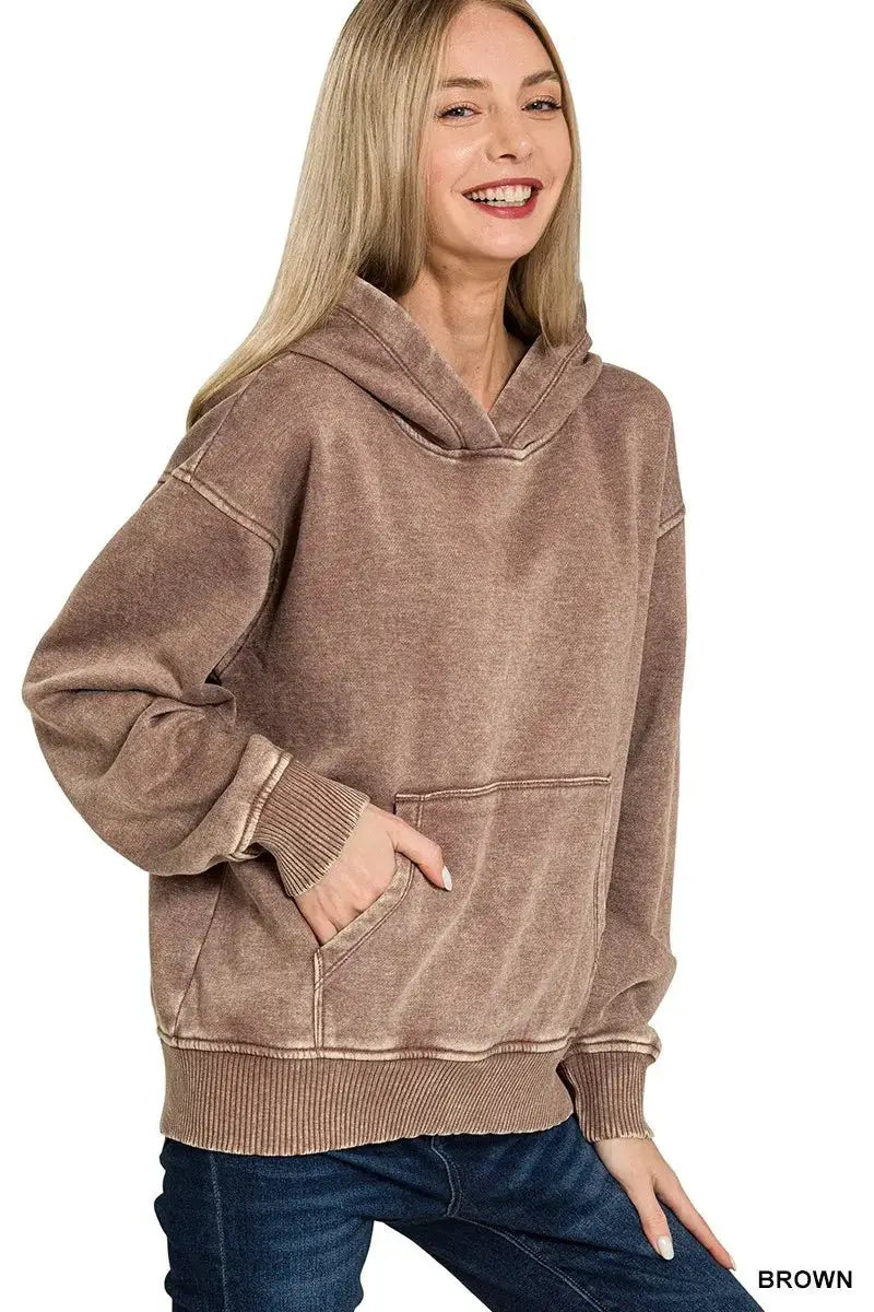 Zenana Fleece Acid Wash Kangaroo Pocket Hoodie by Trendsi