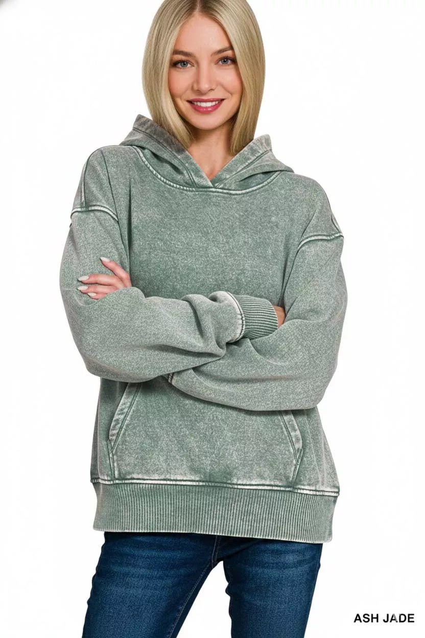 Zenana Fleece Acid Wash Kangaroo Pocket Hoodie - Bitsy Gypsy Boutique