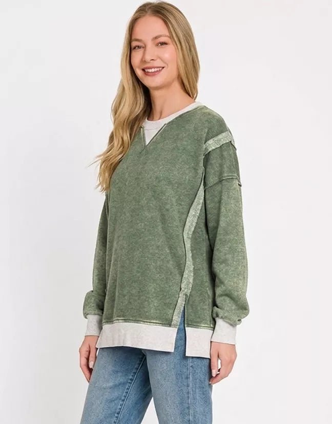 Zenana Fleece Acid Washed Contrast Trim Sweatshirt - Bitsy Gypsy Boutique