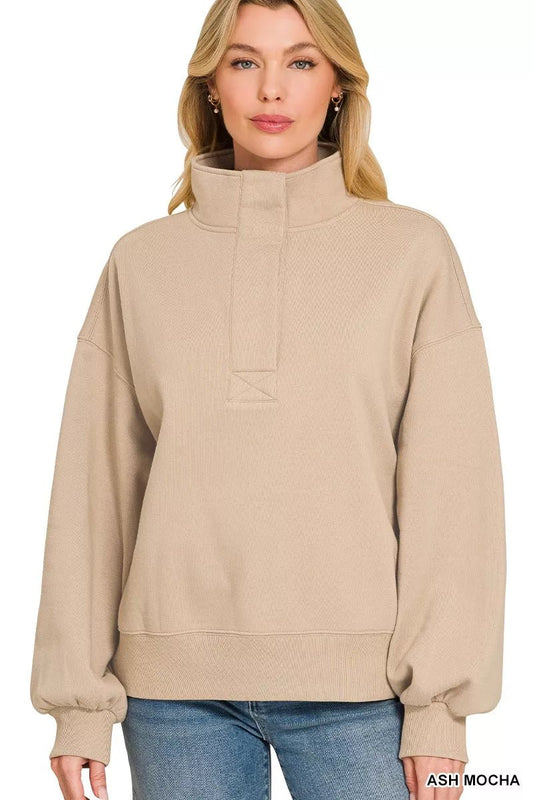 Zenana Fleece Half Snap Button Sweatshirt - Bitsy Gypsy Boutique