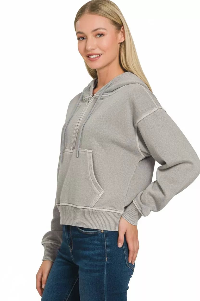 Zenana Fleece Pigment Dye Half Zip Kangaroo Pocket Hoodie - Bitsy Gypsy Boutique