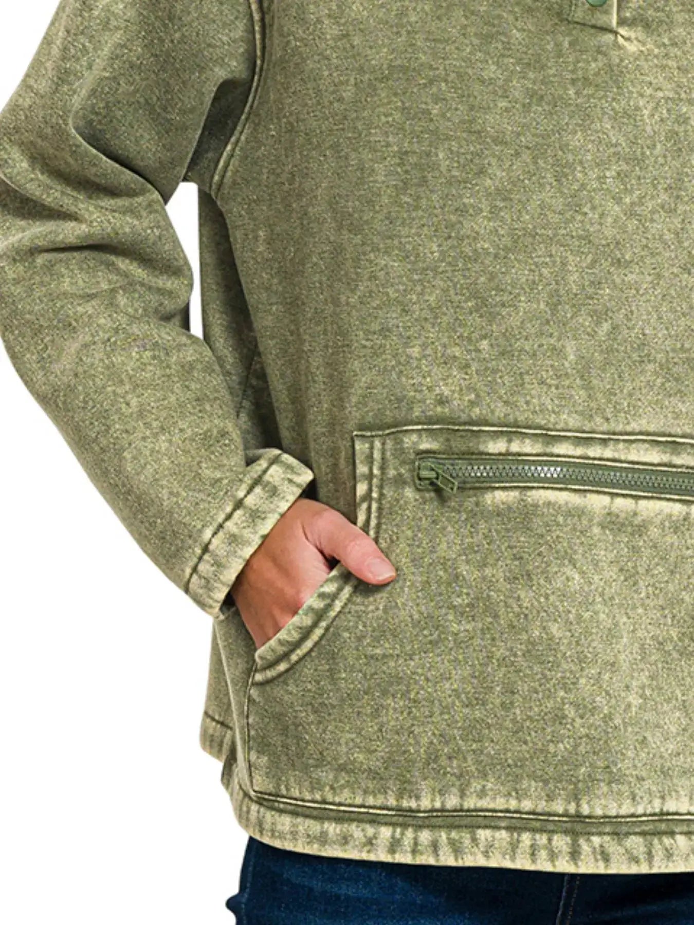 Zenana Fleece Washed High Neck Kangaroo Pocket Sweatshirt by Trendsi
