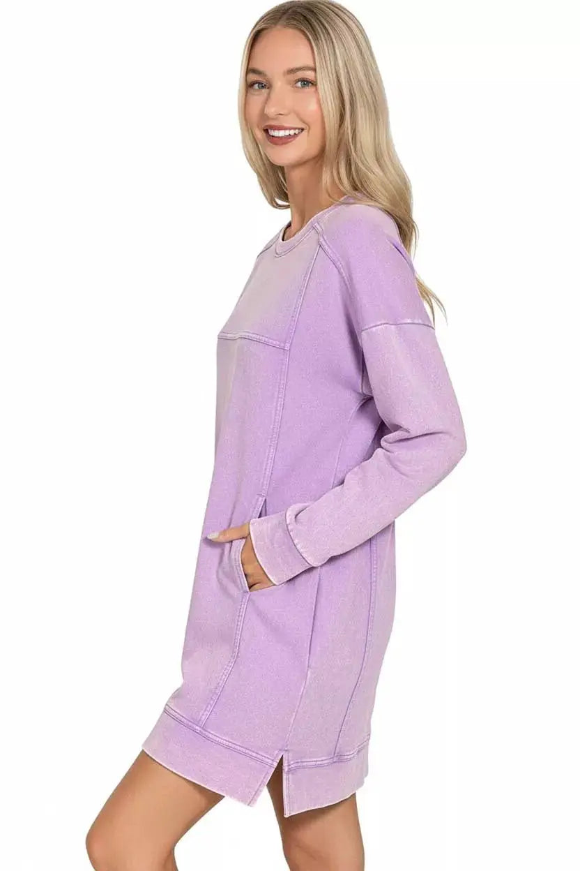 Zenana French Terry Acid Washed Dress with Pockets by Trendsi